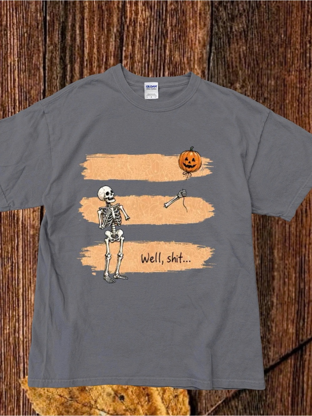 Gildan Charcoal Short-Sleeve Tee with Skeleton and Orange Pumpkin Balloon